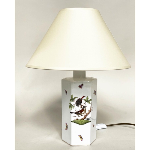 180 - HEREND TABLE LAMPS, a pair, Hungarian porcelain hexagonal with bird and butterfly painting, 48cm H w... 