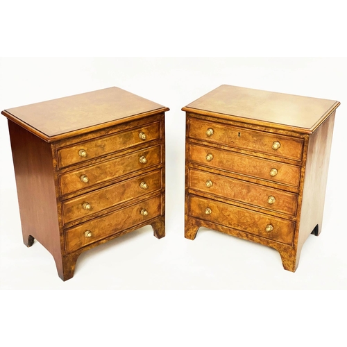 183 - BEDSIDE CHESTS, a pair, George III design burr walnut and crossbanded each with four drawers, 62cm W... 