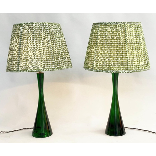 184 - POOKY TABLE LAMPS, a pair, green conical glass and pleated shades, 75cm. (2)