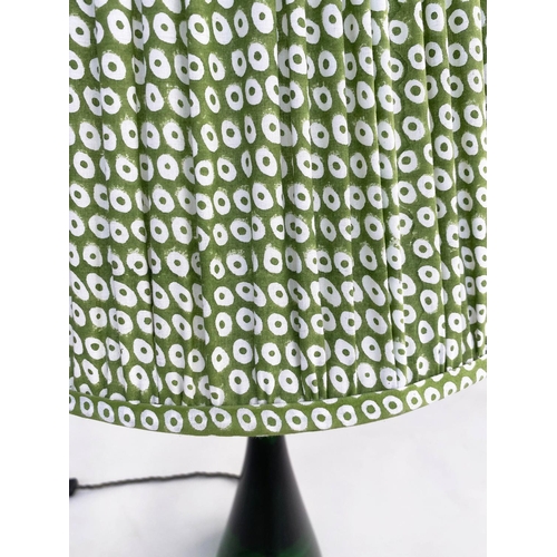 184 - POOKY TABLE LAMPS, a pair, green conical glass and pleated shades, 75cm. (2)