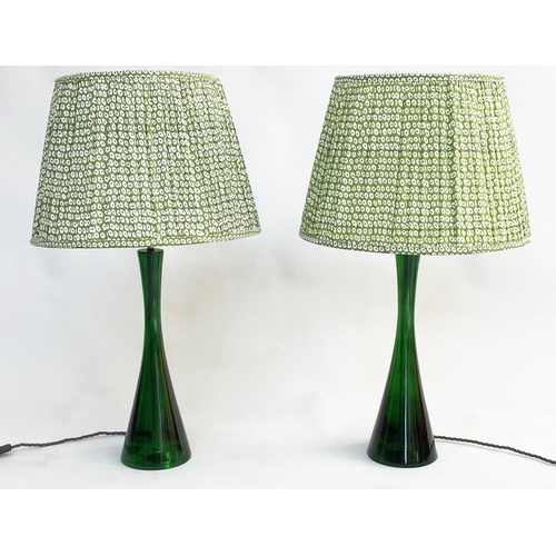 184 - POOKY TABLE LAMPS, a pair, green conical glass and pleated shades, 75cm. (2)