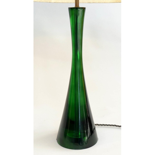 184 - POOKY TABLE LAMPS, a pair, green conical glass and pleated shades, 75cm. (2)