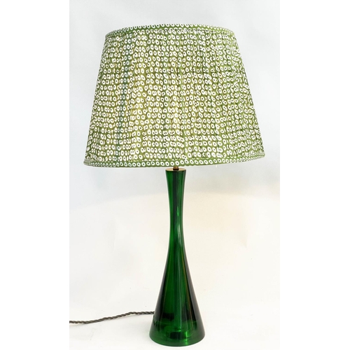 184 - POOKY TABLE LAMPS, a pair, green conical glass and pleated shades, 75cm. (2)