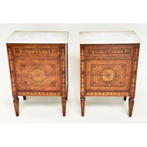 185 - COMMODINOS, a pair, North Italian Lombardy style, walnut tulip wood and satinwood marquetry, each wi... 