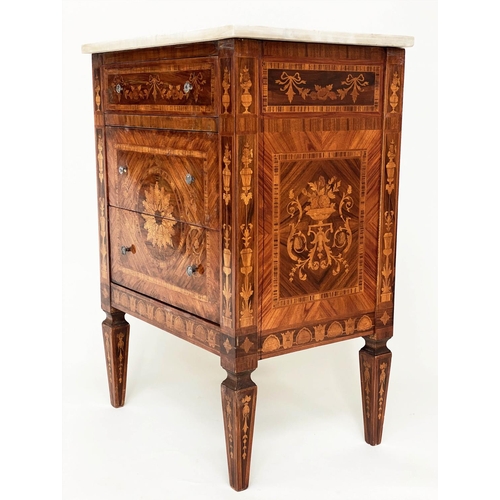 185 - COMMODINOS, a pair, North Italian Lombardy style, walnut tulip wood and satinwood marquetry, each wi... 