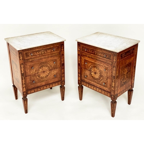 185 - COMMODINOS, a pair, North Italian Lombardy style, walnut tulip wood and satinwood marquetry, each wi... 