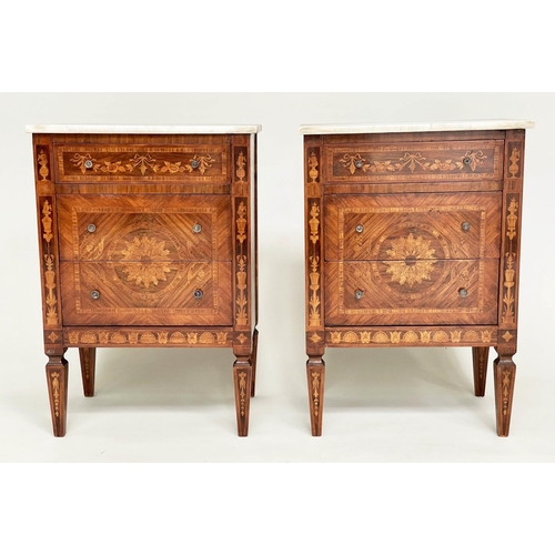 185 - COMMODINOS, a pair, North Italian Lombardy style, walnut tulip wood and satinwood marquetry, each wi... 