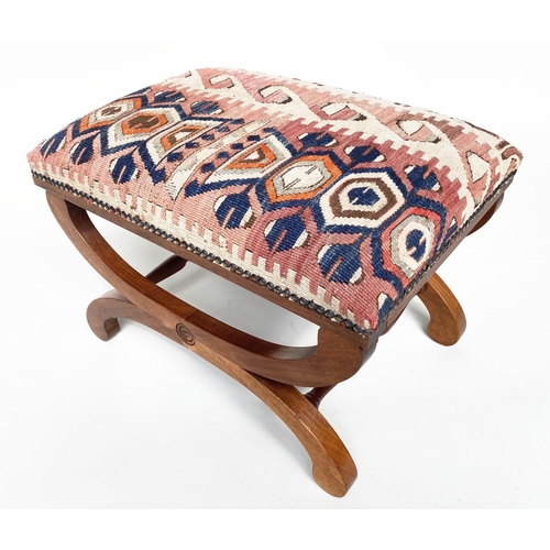 186 - KELIM FOOTSTOOL, Regency style mahogany with antique brass studded Kelim upholstery and  'X' form su... 