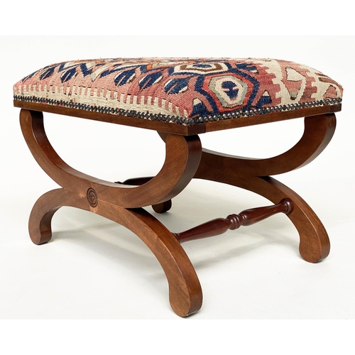 186 - KELIM FOOTSTOOL, Regency style mahogany with antique brass studded Kelim upholstery and  'X' form su... 