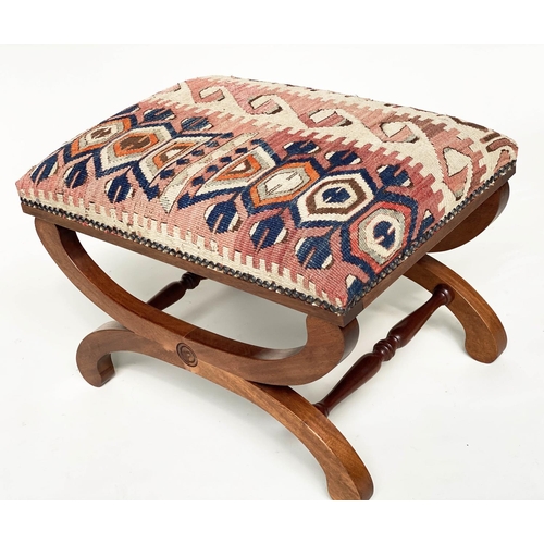 186 - KELIM FOOTSTOOL, Regency style mahogany with antique brass studded Kelim upholstery and  'X' form su... 