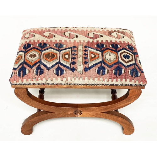 186 - KELIM FOOTSTOOL, Regency style mahogany with antique brass studded Kelim upholstery and  'X' form su... 