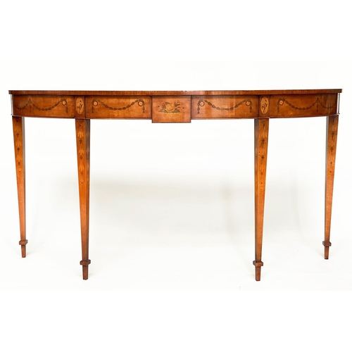 187 - CONSOLE TABLE, George III design satinwood and marquetry inlay of bowed outline with tapering suppor... 