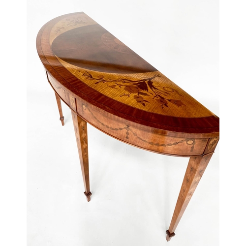 187 - CONSOLE TABLE, George III design satinwood and marquetry inlay of bowed outline with tapering suppor... 