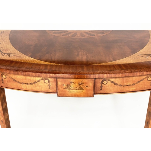 187 - CONSOLE TABLE, George III design satinwood and marquetry inlay of bowed outline with tapering suppor... 