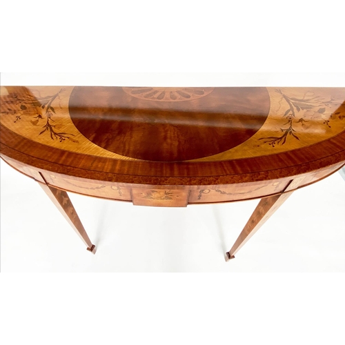 187 - CONSOLE TABLE, George III design satinwood and marquetry inlay of bowed outline with tapering suppor... 