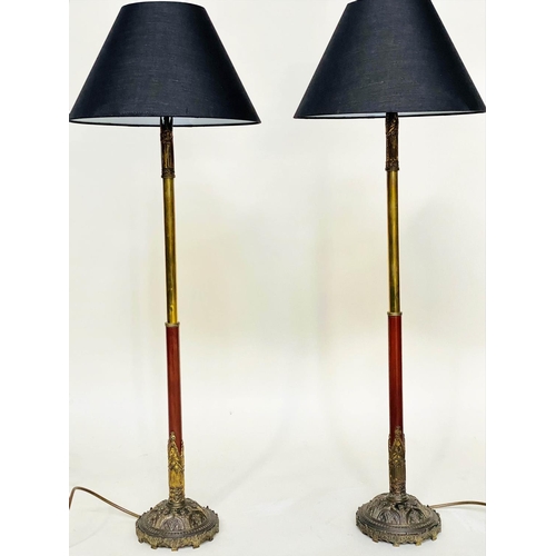 188 - TELESCOPIC TABLE/LIBRARY LAMPS, a pair, early 20th century patinated gothic and ormolu, each with ex... 