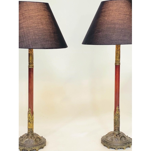 188 - TELESCOPIC TABLE/LIBRARY LAMPS, a pair, early 20th century patinated gothic and ormolu, each with ex... 