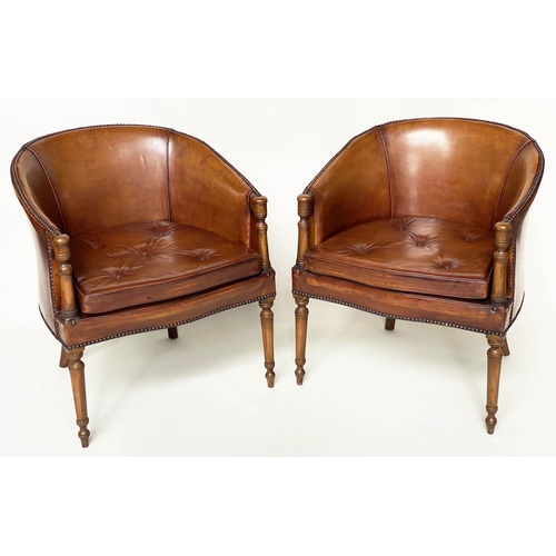 189 - LIBRARY ARMCHAIRS, a pair, George III design mahogany with brass studded tan leather upholstery, 64c... 