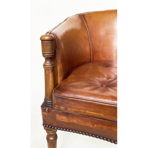 189 - LIBRARY ARMCHAIRS, a pair, George III design mahogany with brass studded tan leather upholstery, 64c... 