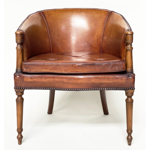 189 - LIBRARY ARMCHAIRS, a pair, George III design mahogany with brass studded tan leather upholstery, 64c... 