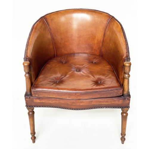 189 - LIBRARY ARMCHAIRS, a pair, George III design mahogany with brass studded tan leather upholstery, 64c... 