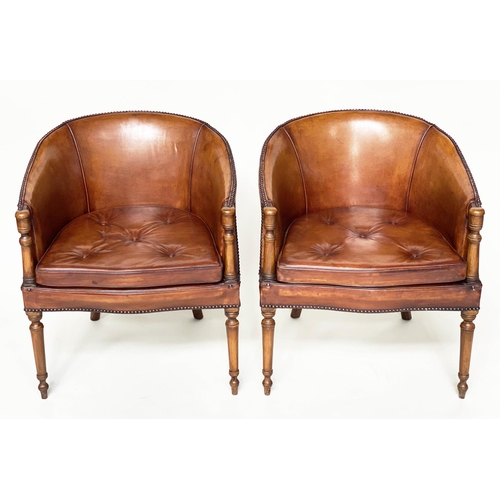 189 - LIBRARY ARMCHAIRS, a pair, George III design mahogany with brass studded tan leather upholstery, 64c... 