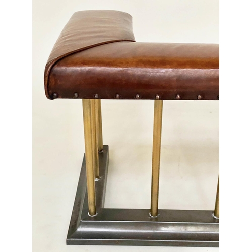 190 - CLUB FENDER, early 20th century studded tan brown leather, continuous seat above broad rail balustra... 