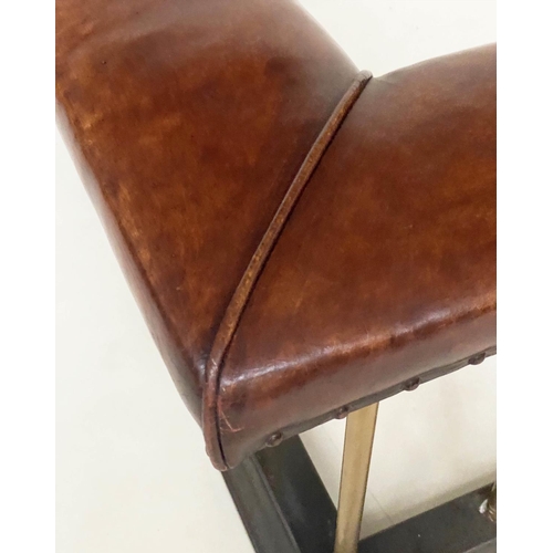 190 - CLUB FENDER, early 20th century studded tan brown leather, continuous seat above broad rail balustra... 