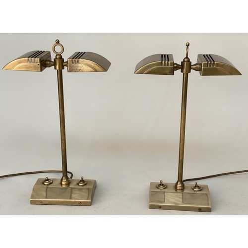 191 - DESK LAMPS, a pair, nickel and brass by Besselink and Jones each with dual hooded lamps and weighted... 