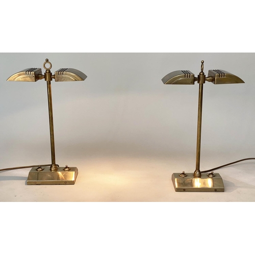 191 - DESK LAMPS, a pair, nickel and brass by Besselink and Jones each with dual hooded lamps and weighted... 