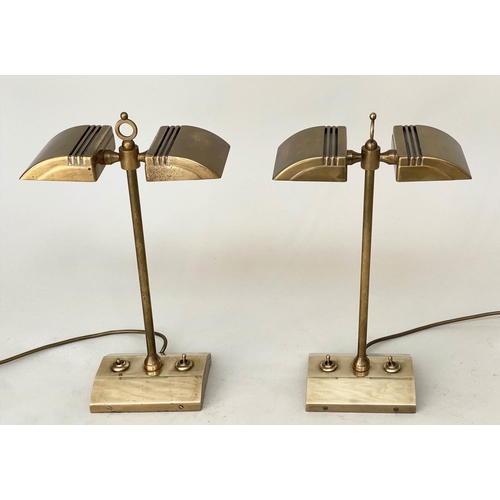 191 - DESK LAMPS, a pair, nickel and brass by Besselink and Jones each with dual hooded lamps and weighted... 