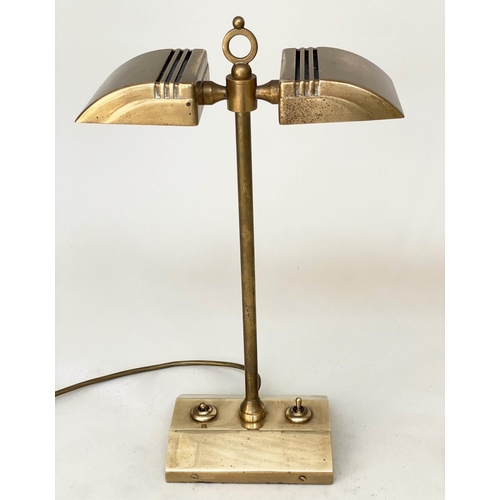 191 - DESK LAMPS, a pair, nickel and brass by Besselink and Jones each with dual hooded lamps and weighted... 