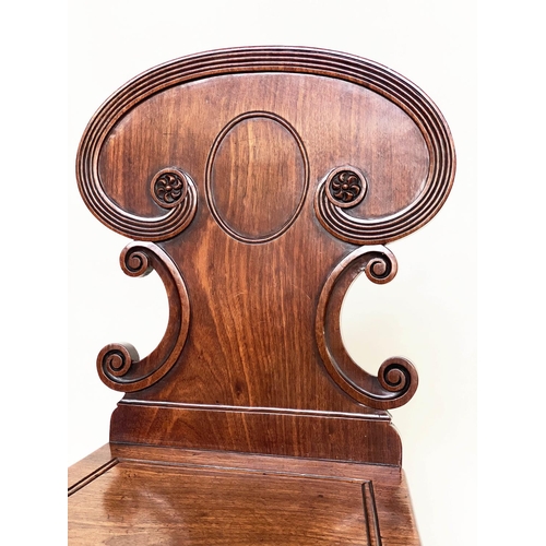 192 - HALL CHAIRS, a pair, 19th century William IV mahogany, each with scroll carved back and facetted fro... 