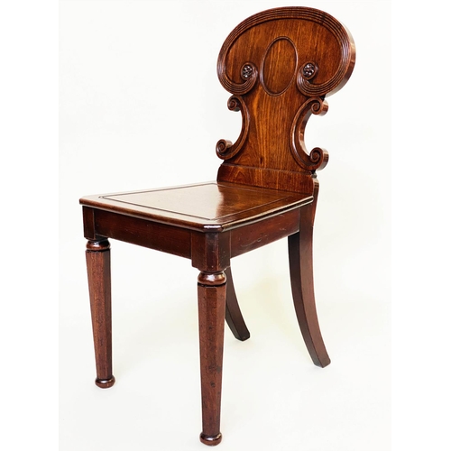 192 - HALL CHAIRS, a pair, 19th century William IV mahogany, each with scroll carved back and facetted fro... 