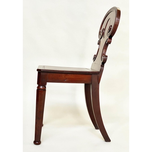 192 - HALL CHAIRS, a pair, 19th century William IV mahogany, each with scroll carved back and facetted fro... 