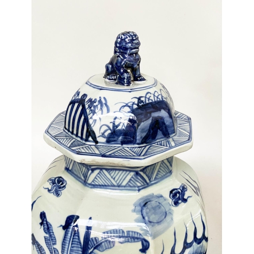 193 - TEMPLE JARS, a pair, Chinese blue and white ceramic with lids and facetted vase form, 68cm H. (2)