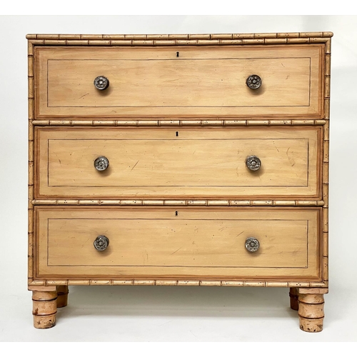 194 - FAUX BAMBOO CHEST, English 19th century of shallow proportions with three long drawers and turned su... 