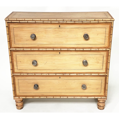 194 - FAUX BAMBOO CHEST, English 19th century of shallow proportions with three long drawers and turned su... 