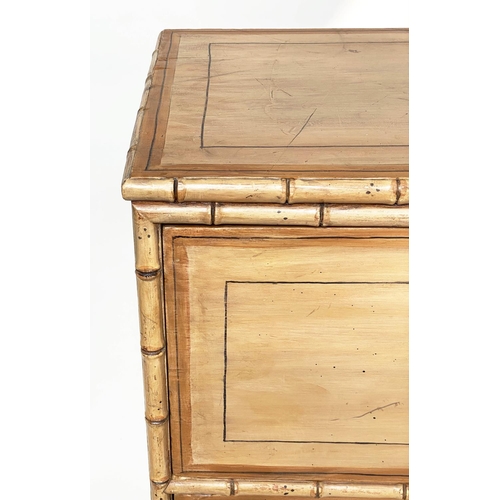 194 - FAUX BAMBOO CHEST, English 19th century of shallow proportions with three long drawers and turned su... 