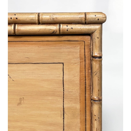 194 - FAUX BAMBOO CHEST, English 19th century of shallow proportions with three long drawers and turned su... 