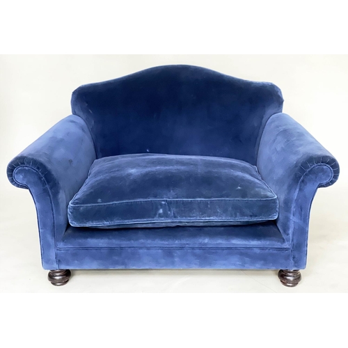 197 - GEORGE SMITH SOFA, Royal blue velvet upholstered with arched back and scroll arms stamped 'George sm... 