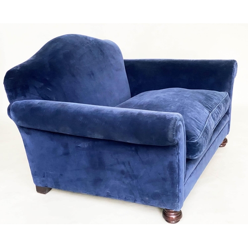 197 - GEORGE SMITH SOFA, Royal blue velvet upholstered with arched back and scroll arms stamped 'George sm... 