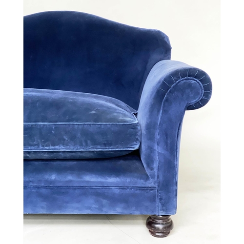 197 - GEORGE SMITH SOFA, Royal blue velvet upholstered with arched back and scroll arms stamped 'George sm... 