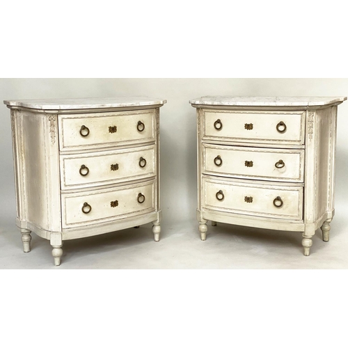 199 - BOW COMMODES, a pair, 19th century French with original grey paint finish, each with three drawers, ... 