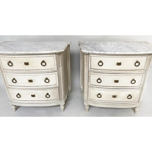 199 - BOW COMMODES, a pair, 19th century French with original grey paint finish, each with three drawers, ... 