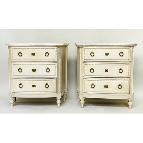 199 - BOW COMMODES, a pair, 19th century French with original grey paint finish, each with three drawers, ... 