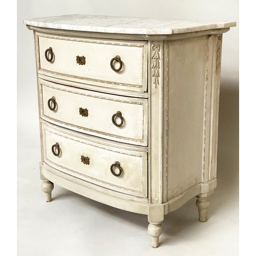 199 - BOW COMMODES, a pair, 19th century French with original grey paint finish, each with three drawers, ... 