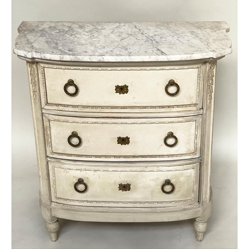 199 - BOW COMMODES, a pair, 19th century French with original grey paint finish, each with three drawers, ... 