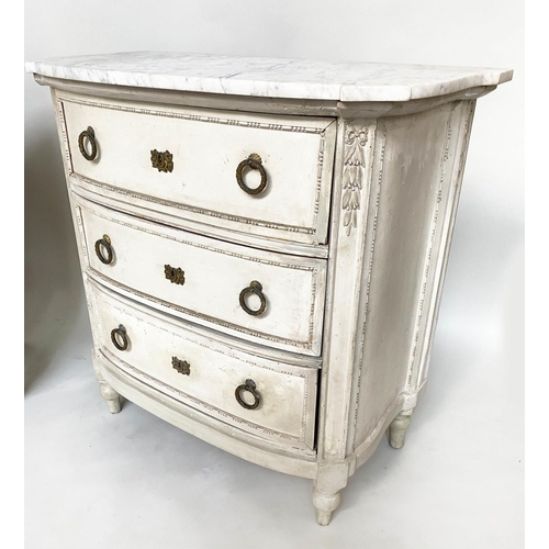 199 - BOW COMMODES, a pair, 19th century French with original grey paint finish, each with three drawers, ... 