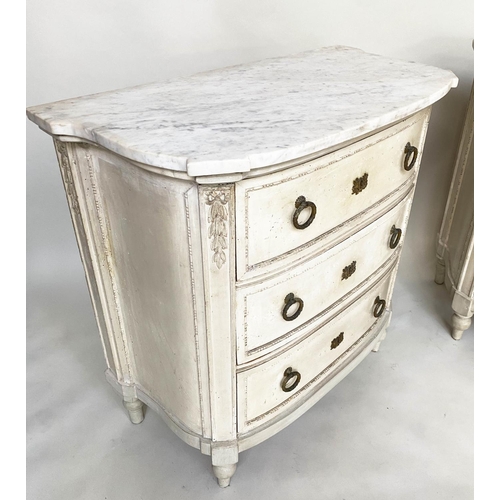 199 - BOW COMMODES, a pair, 19th century French with original grey paint finish, each with three drawers, ... 